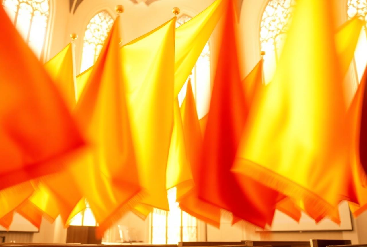 Kleurrijke aanbiddingsvlaggen in goud- en amberkleuren